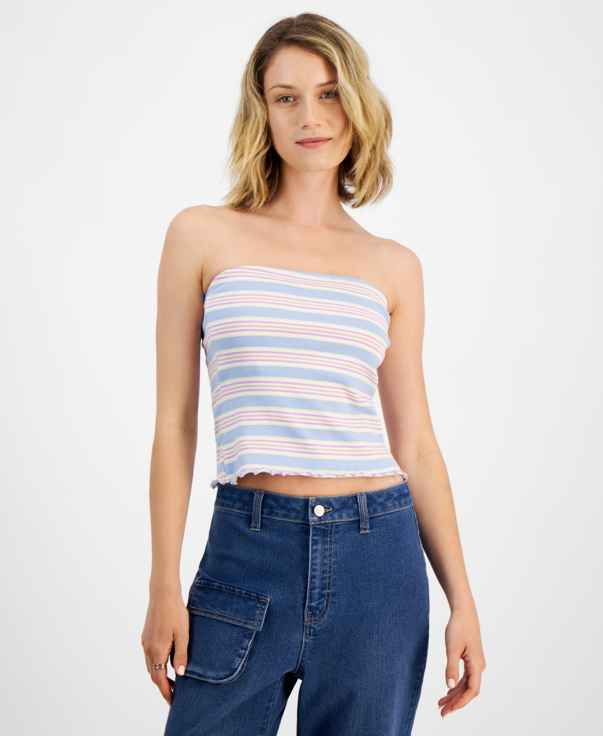 Juniors' Striped Lettuce Edge Tube Top - WARM SAND/ PARTY PURPLE