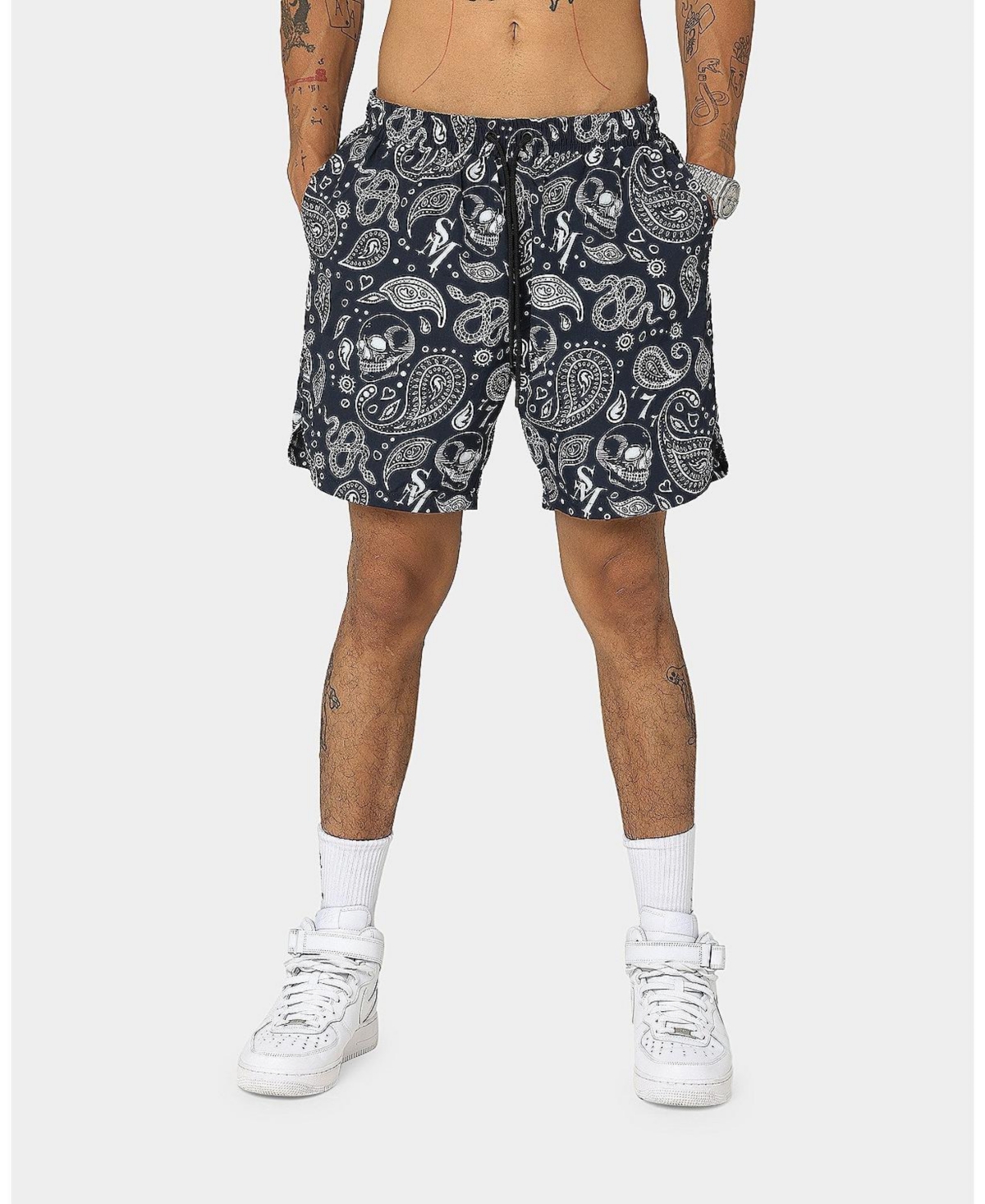 Paisley Skulls Beach Shorts - Navy/white