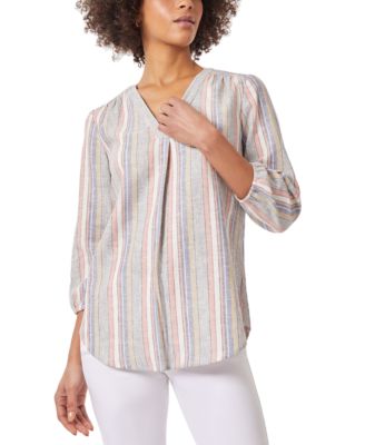 Jones New York - Women's Striped Pleat-Front V-Neck 3/4-Sleeve Top