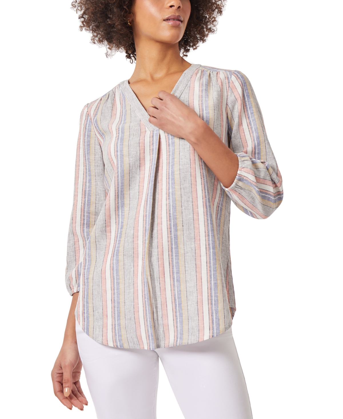 Shop Jones New York Women's Striped Pleat-front V-neck 3/4-sleeve Top In Blue,coral