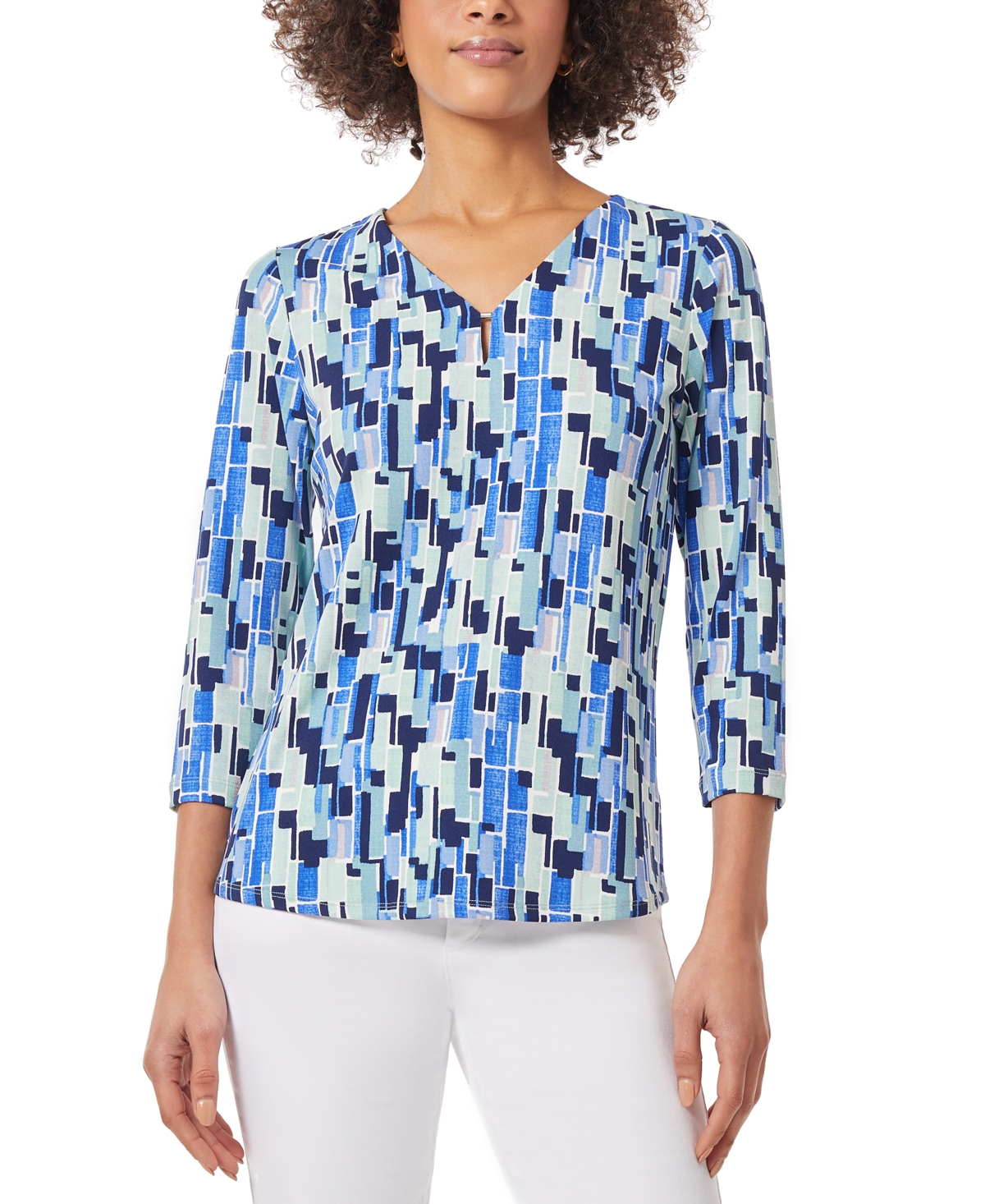 Women's Printed Moss Crepe Embellished-Neck Top - Light Sapphire