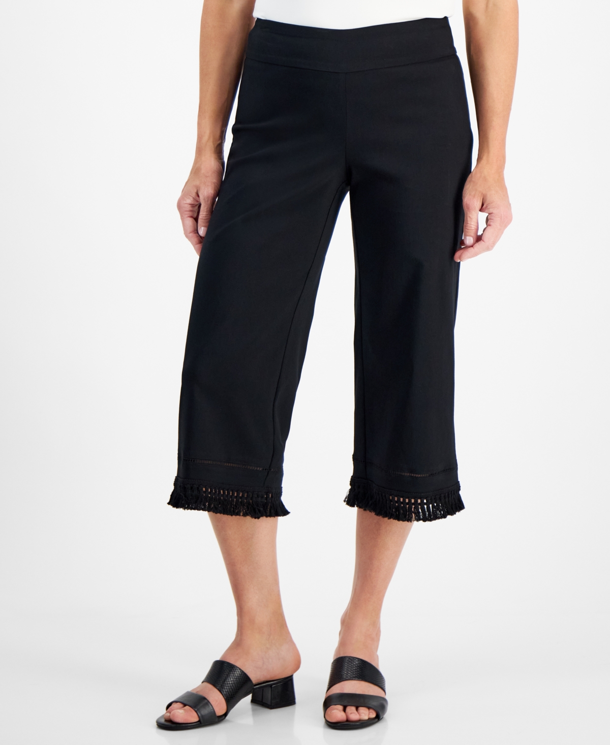 Jm Collection Petite Fringe-trim Capri Pants, Created For Macy's In Deep Black