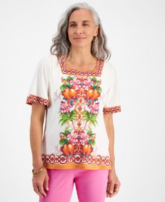 JM Collection - Petite Julia Jungle Square-Neck Top, Created for Macy's