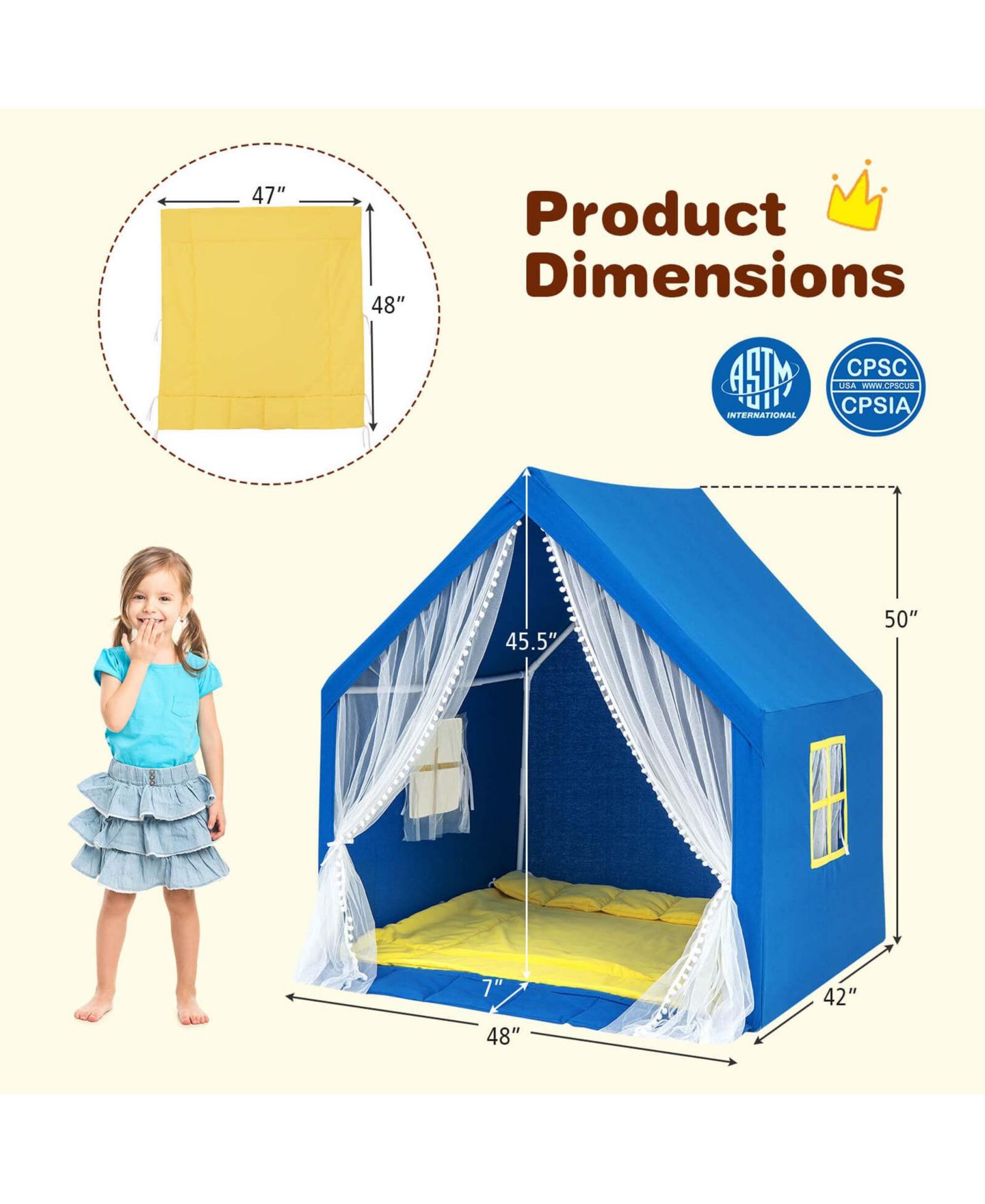 Детская игрушка Costway Large Star Light Play Tent with Washable Cotton Mat, Ages 2+, цвет: Синий — фото 2