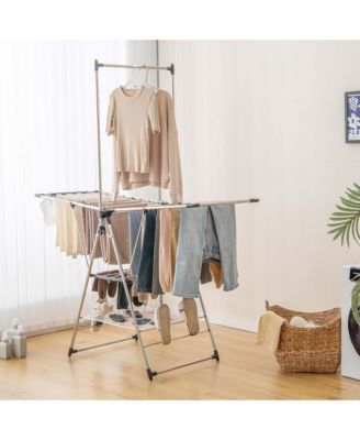 2-Layer Stainless Steel Foldable Drying Rack w/ Hanging Bar & 2 Height-adjustable Wings