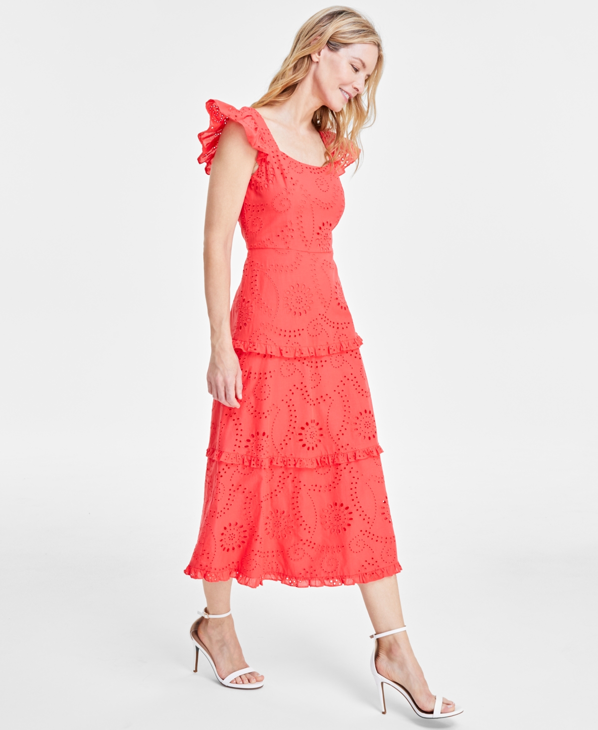 Shop Anne Klein Women's Cotton Scoop-neck Flutter-sleeve Dress In Hibiscus R