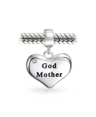 White Crystal Accent BFF Word Heart Shape God Mother Dangle Bead Charm Oxidized Sterling Silver Fit European Bracelet