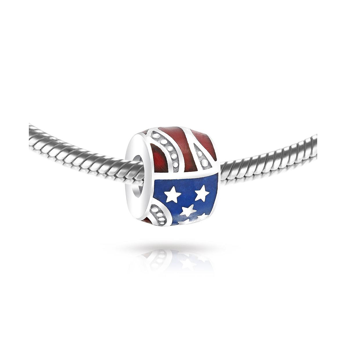 Bling Jewelry Red WhiteStripe Holiday American Usa Patriotic Flag Star Charm Barrel Bead For Women Sterling Silver Fits European Bracelet - Blue