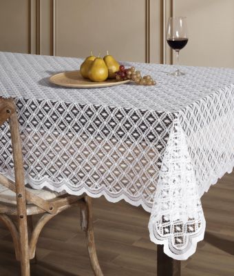 HLC.me Alona Lace Fabric Tablecloth, Lace Fabric Table Cloth for Rectangle Tables, Wrinkle Resistant Tablecloth, Patterned Scalloped