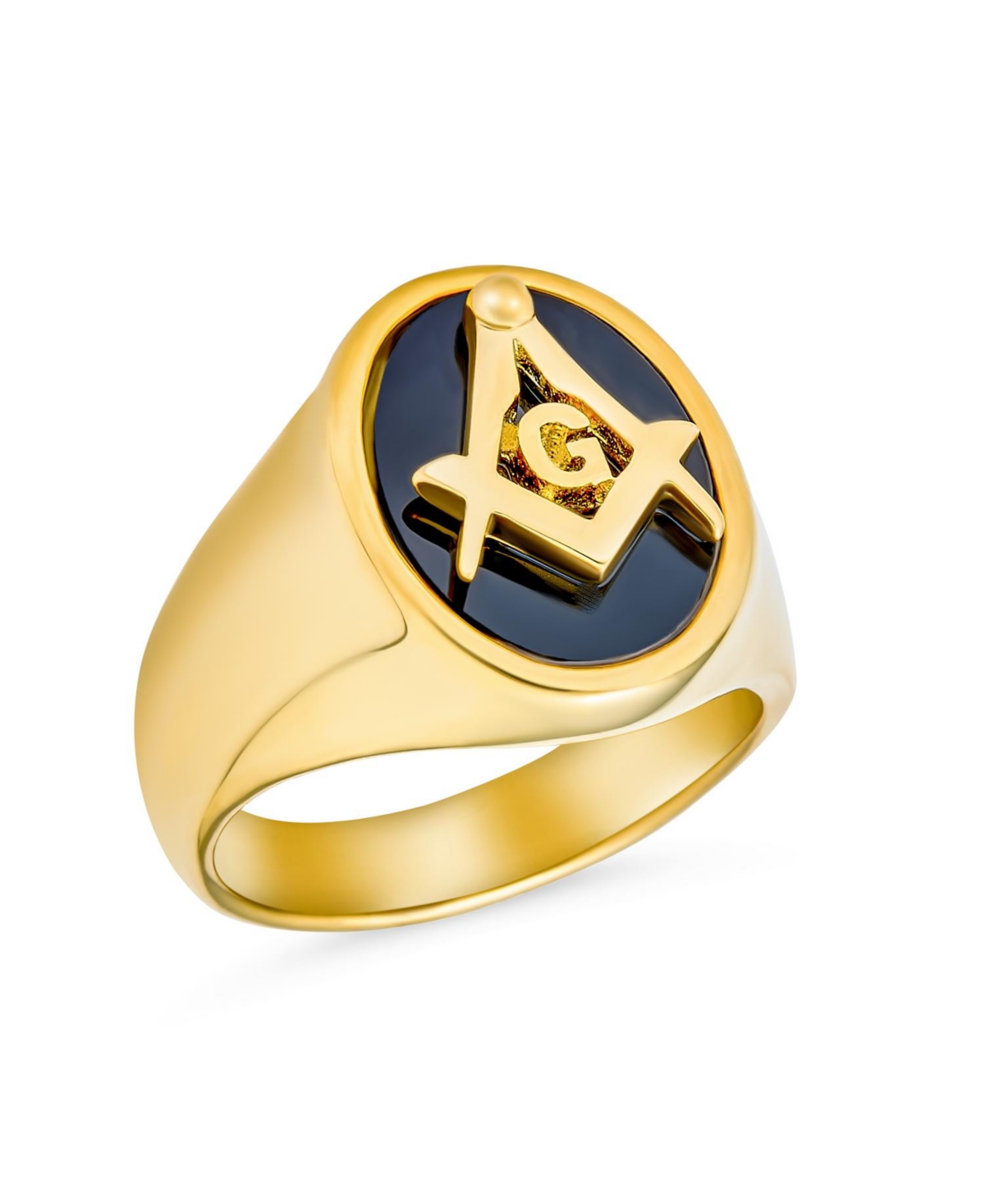 Bling Jewelry Square Compass Black Oval Mens Signet Freemason Masonic Ring Stainless Steel - Gold-tone