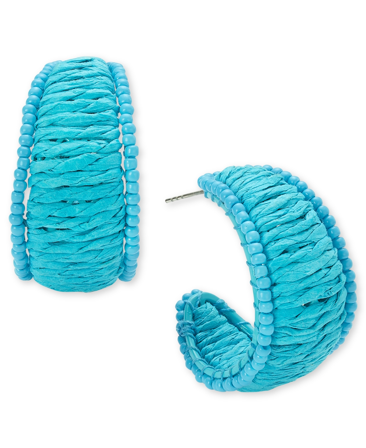 Silver-Tone Medium Color Seed Bead & Raffia C-Hoop Earrings, 1.25", Created for Macy's - Blue