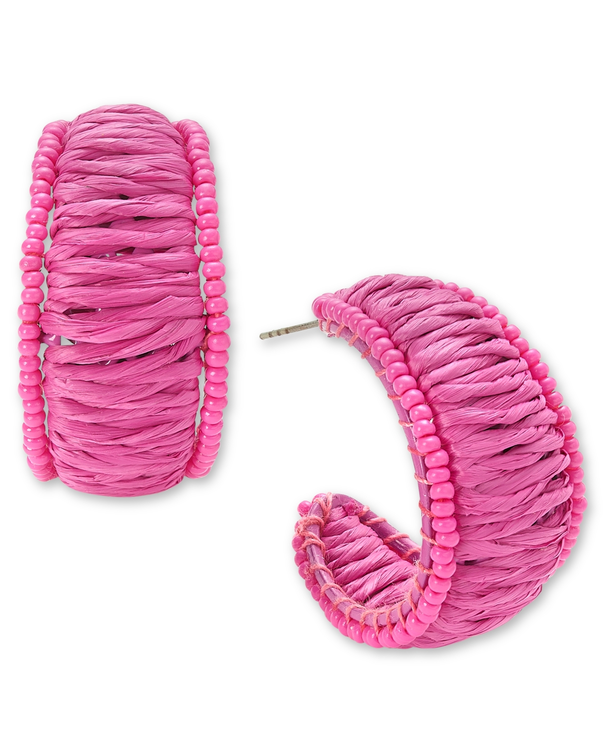 Silver-Tone Medium Color Seed Bead & Raffia C-Hoop Earrings, 1.25", Created for Macy's - Pink