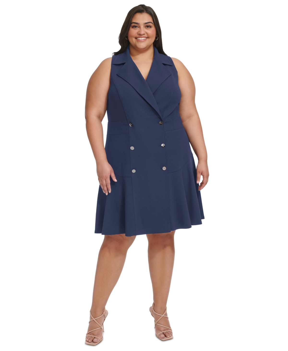 Shop Dkny Plus Size Sleeveless Fit & Flare Blazer Dress In Navy