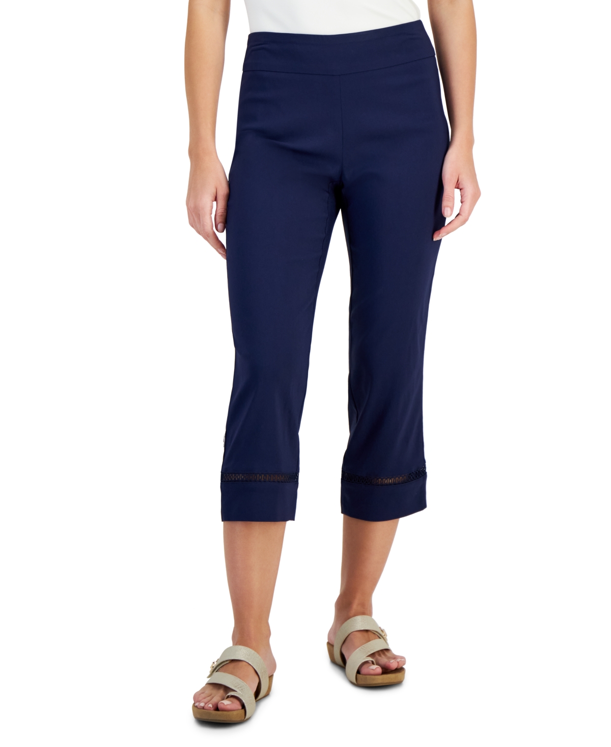 Women's Woven Lace-Trim Capri Pull-On Pants, Created for Macy's - Intrepid Blue