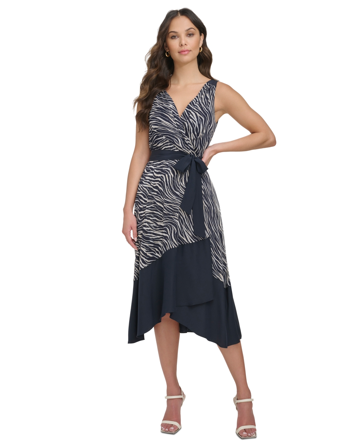 Women's Sleeveless V-Neck Faux-Wrap Midi Dress - Navy Multi