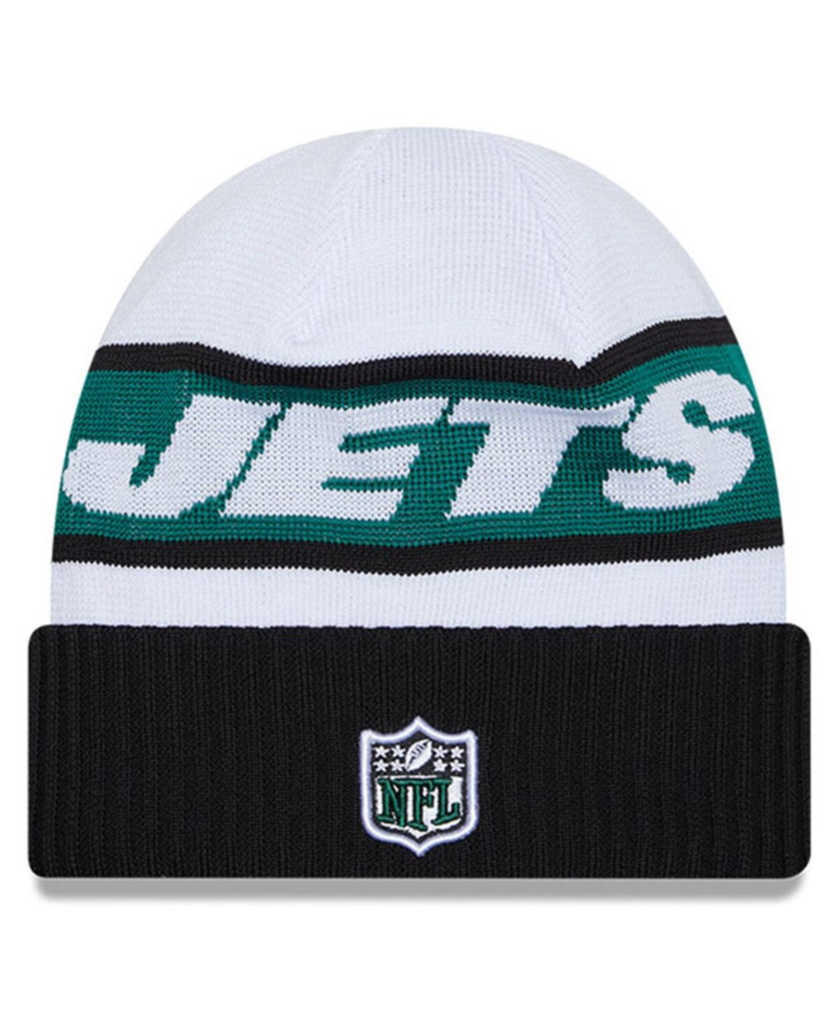 New Era Men's  White, Black New York Jets 2023 Sideline Tech Cuffed Knit Hat In White,black