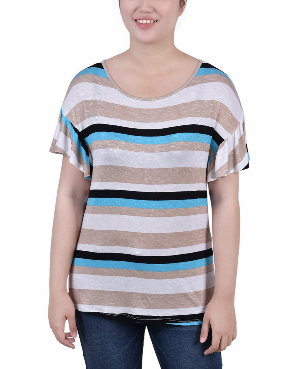 Women's Short Flutter Sleeve Top - Turquoise Multi Stripe