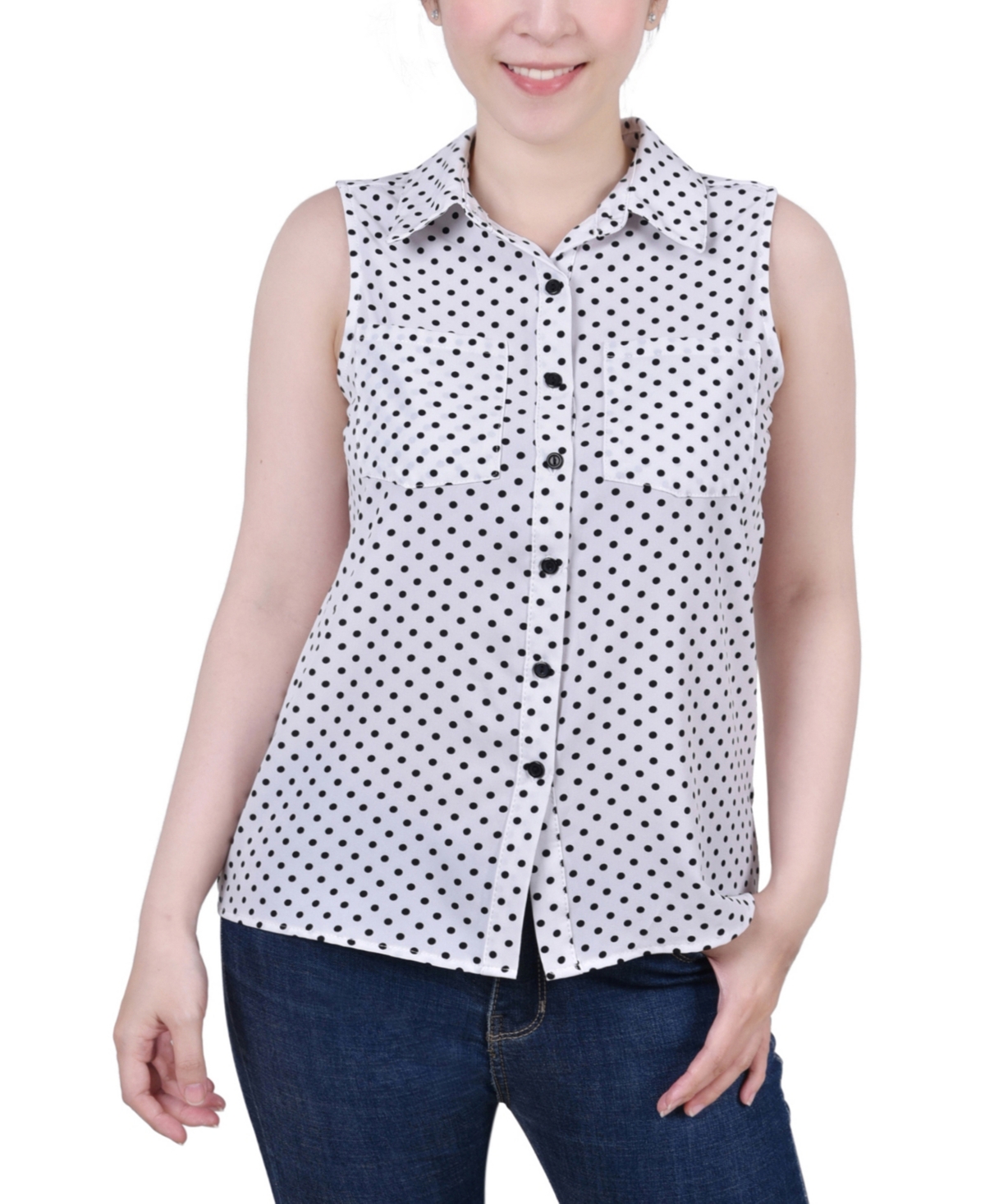 Ny Collection Women's Petite Sleeveless Notch Collar Button Front Blouse In White Black Dot