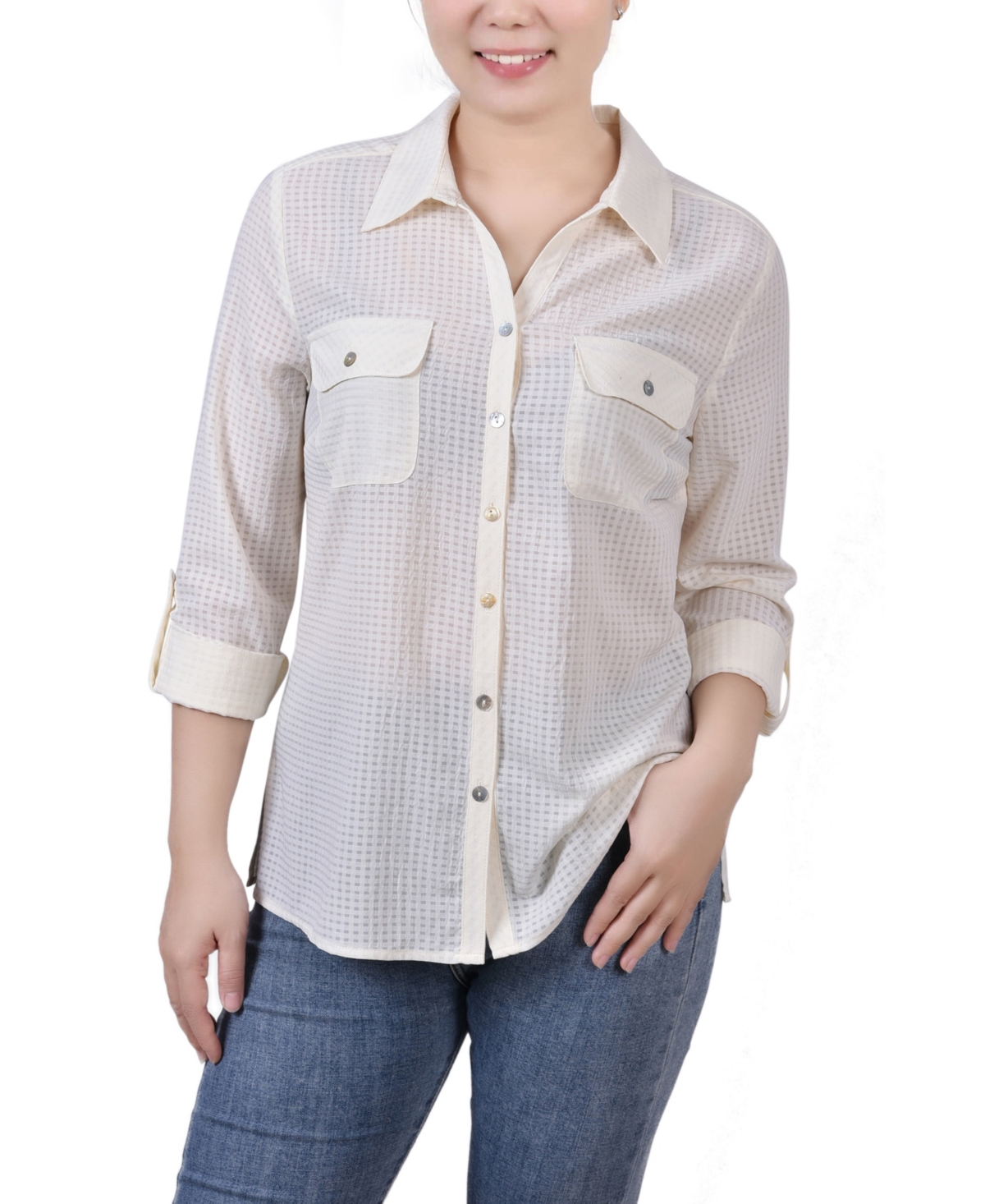 Ny Collection Women's 3/4 Sleeve Windowpane Blouse In Atlas Ivory