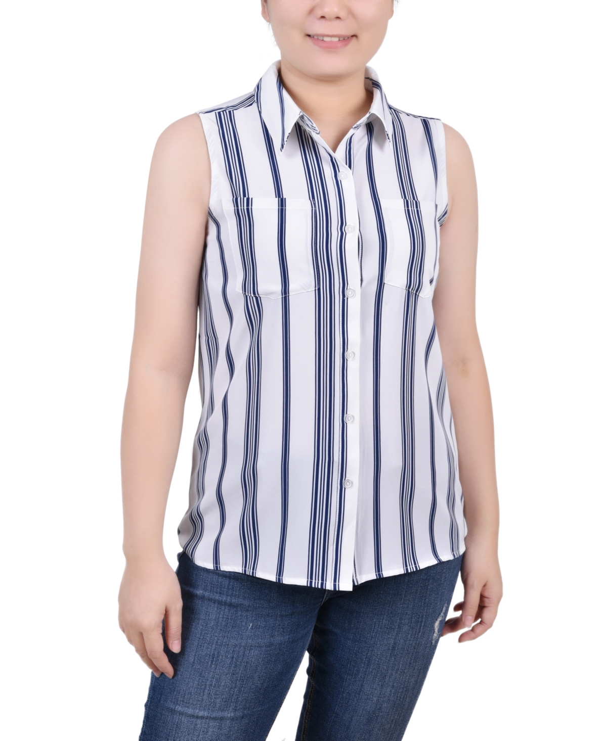 Ny Collection Women's Petite Sleeveless Notch Collar Button Front Blouse In Black White Stripe