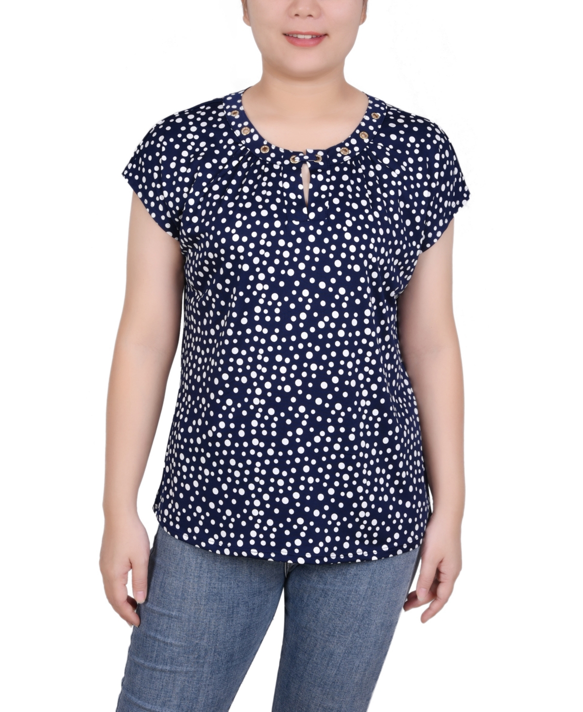 Ny Collection Women's Extended Sleeve Top With Grommets In Navy White Icemoon