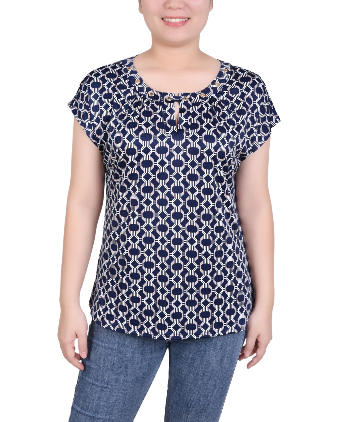 Ny Collection Women's Extended Sleeve Top With Grommets In Navy Taupe Link