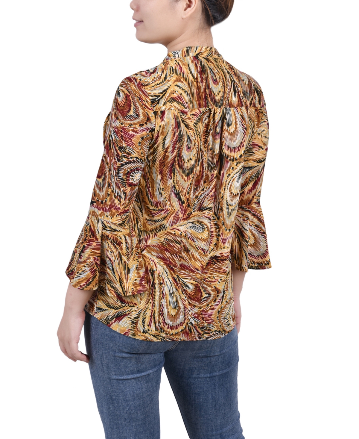 Women's 3/4 Bell Sleeve Pleat Front Y-neck Top
