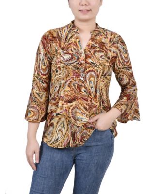Women's 3/4 Bell Sleeve Pleat Front Y-neck Top