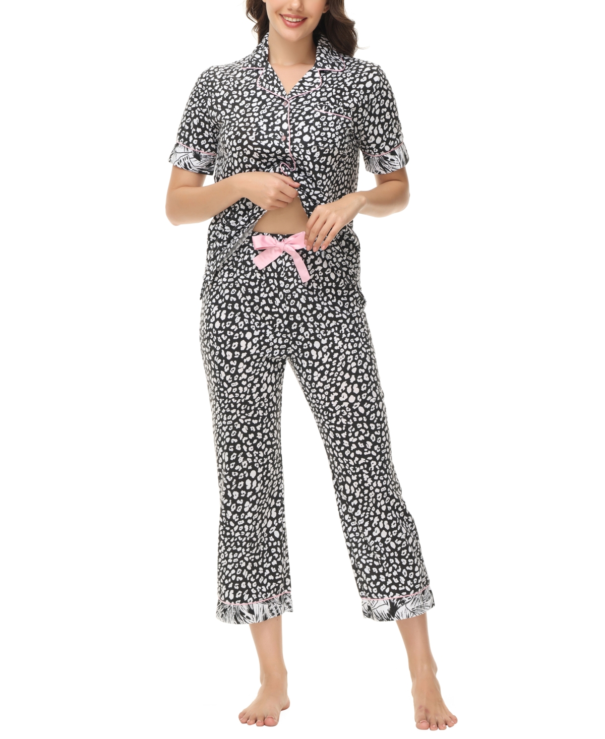 C. Wonder Women's Printed Short Sleeve Notch Collar with Pants 2 Pc. Pajama Set