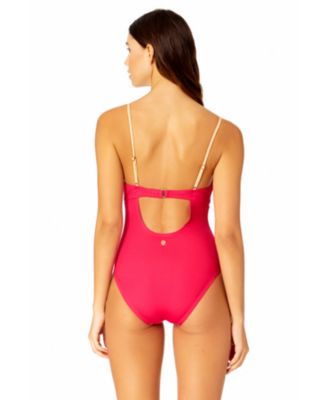 Women's Solid Piped Keyhole One Piece Swimsuit
