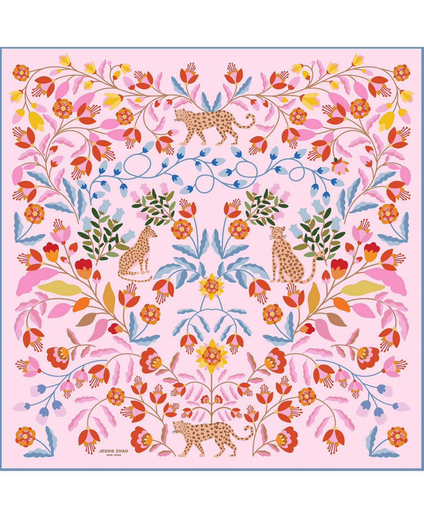Женский шарф Jessie Zhao New York Double Sided Silk Scarf Of Pink Blossom Jungle, цвет: Розовый / Синий — фото 1