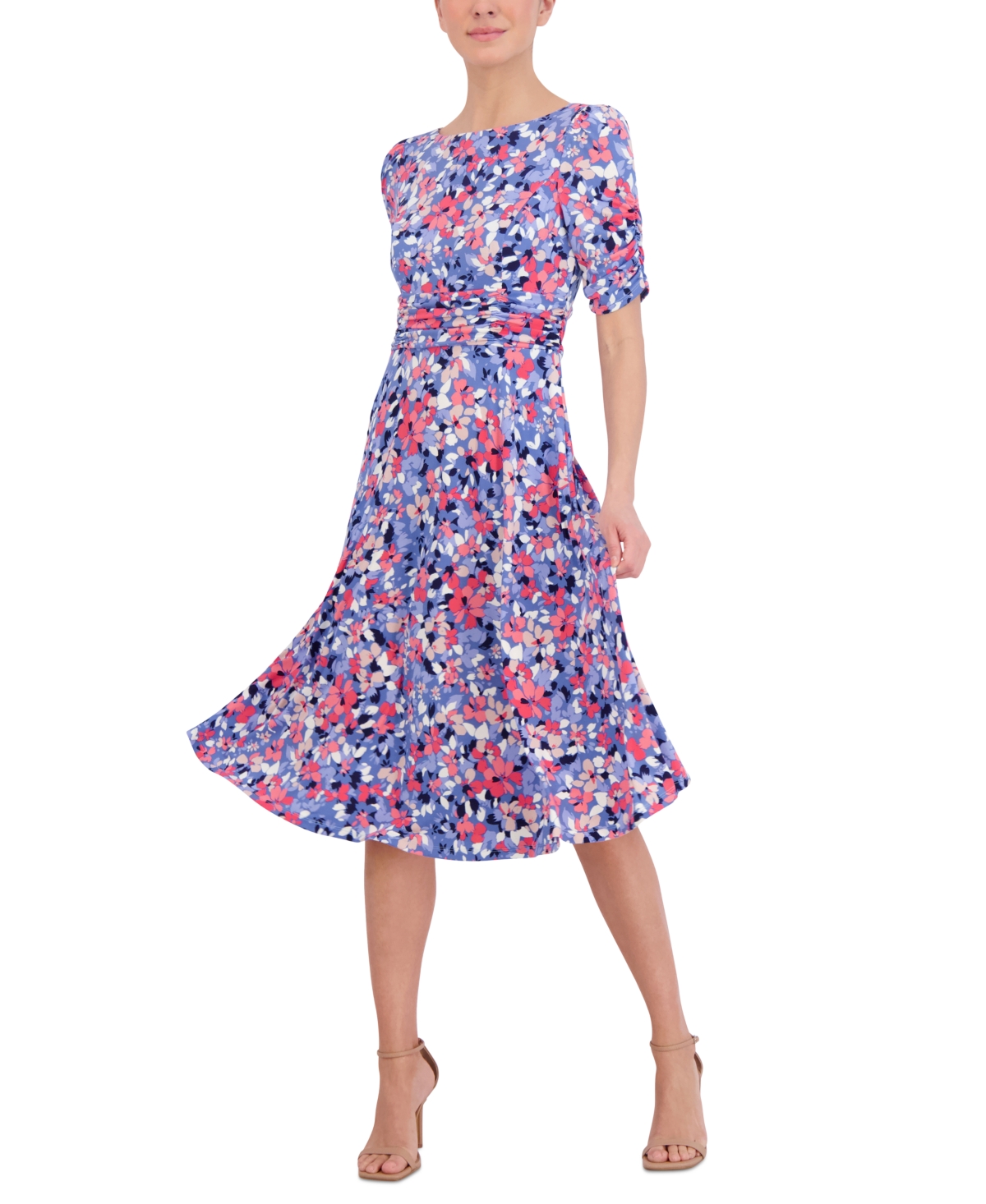 Shop Jessica Howard Women's Ruched-sleeve Midi Dress In Blue