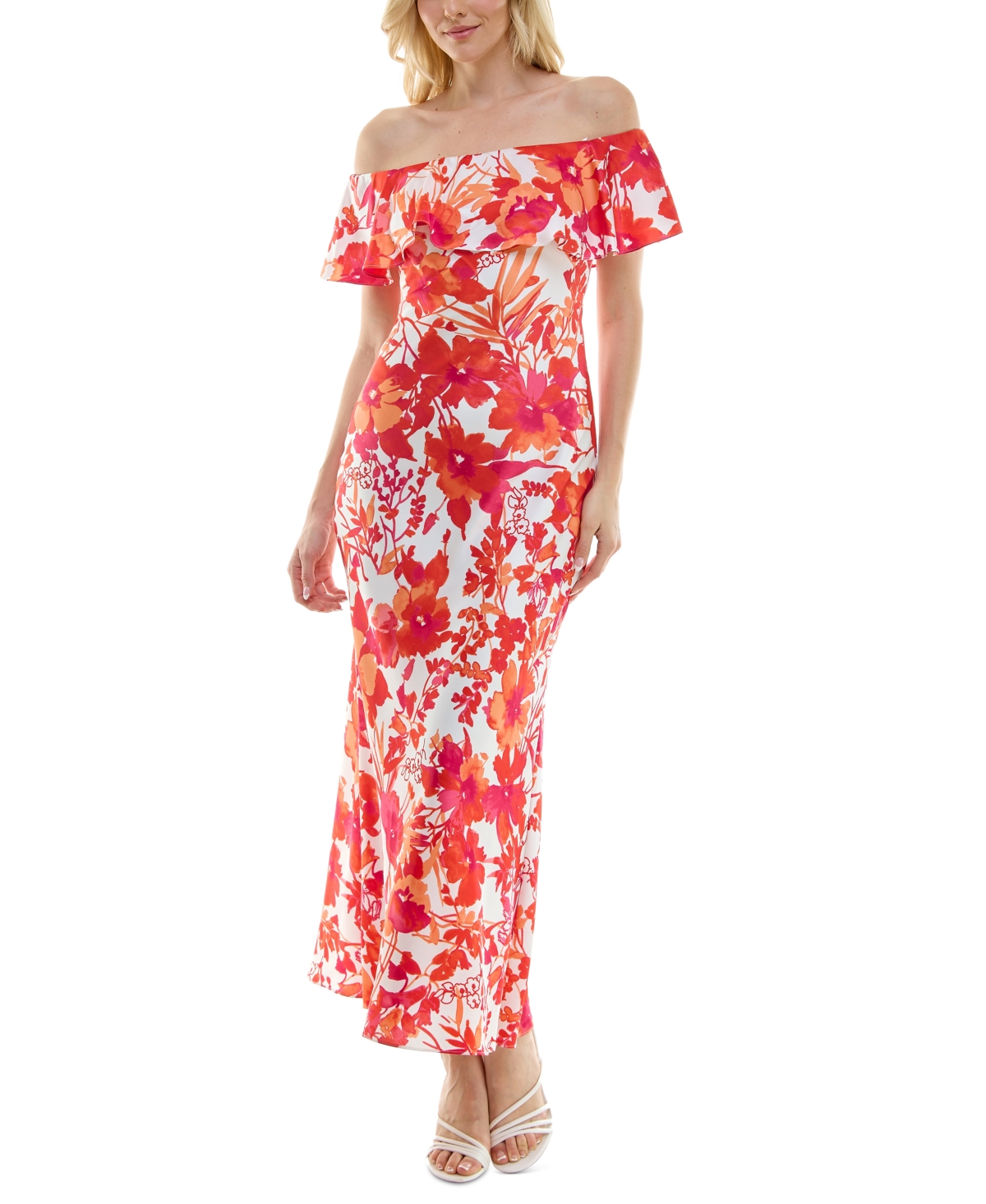 Shop B Darlin Juniors' Off-the-shoulder Printed Satin Gown In Ofw,org,rd