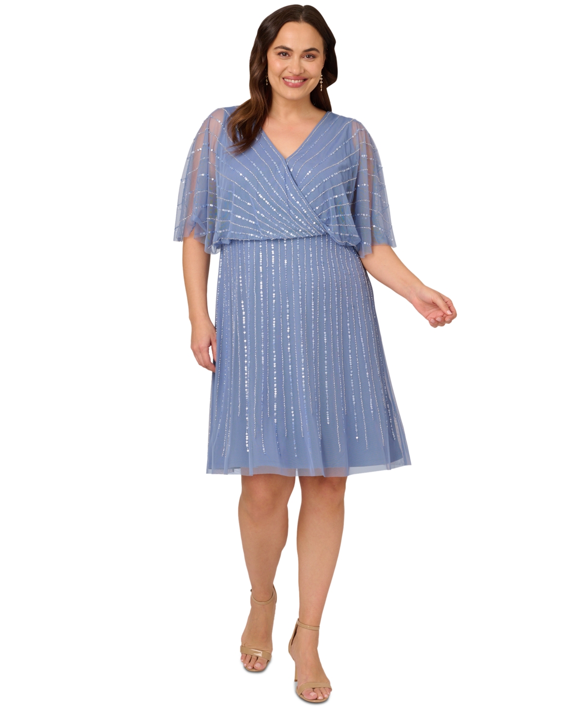 Plus Size Surplice-Neck Beaded Short Dress - French Blue
