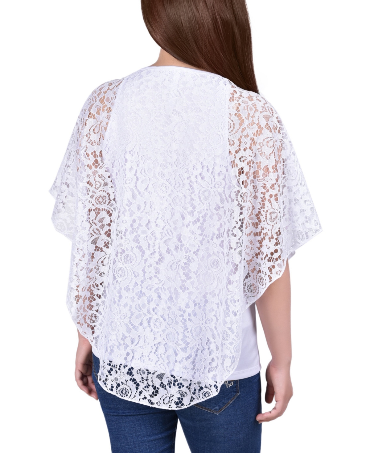 Ny Collection Petites Womens Poncho Sleeve Lace Overlay Blouse In White