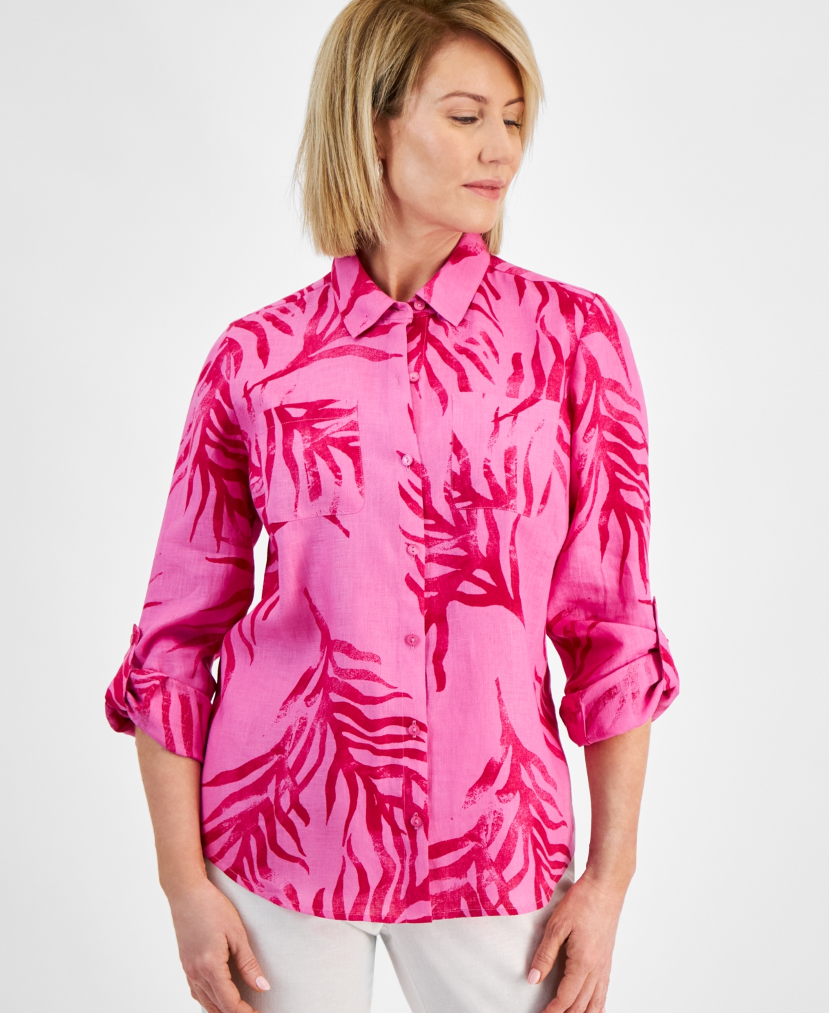 Charter Club Petite 100% Linen Printed Button-front Shirt, Created For Macy's In Phlox Pink