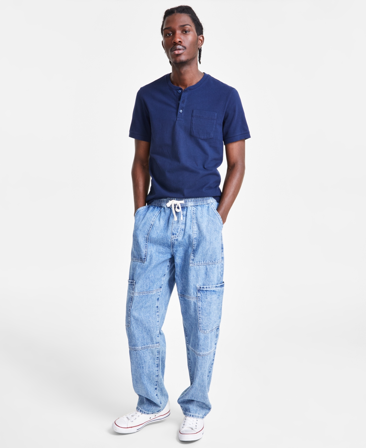 Sun + Stone Men's Soft UtilityBlue Cargo Jeans, Created for Macy's - Ocean