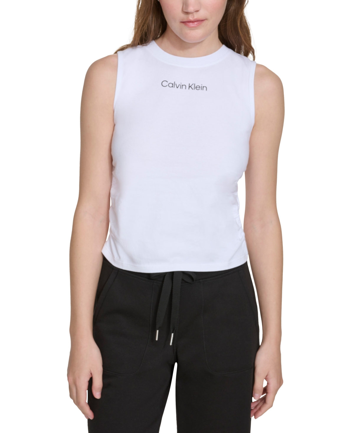 Shop Calvin Klein Women's Ruched Crewneck Logo Tank Top In White