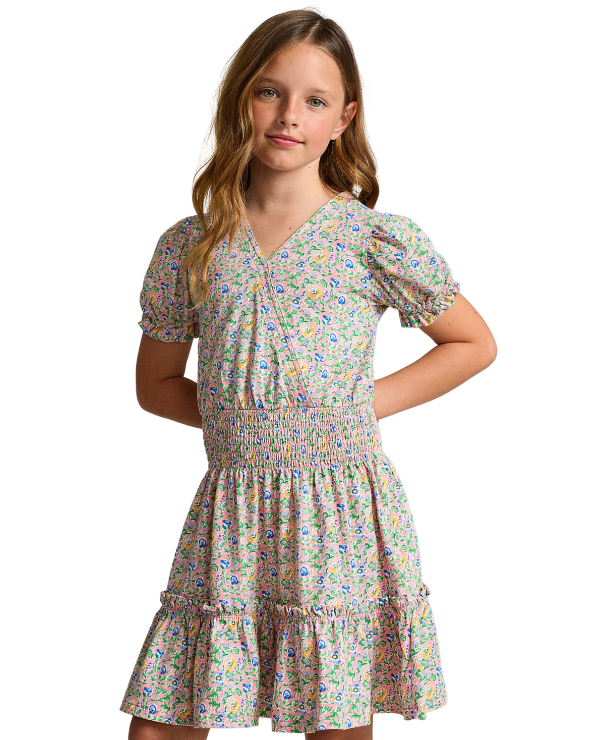 Polo Ralph Lauren Big Girls Floral Faux-Wrap Cotton Jersey Dress - Vista Blue