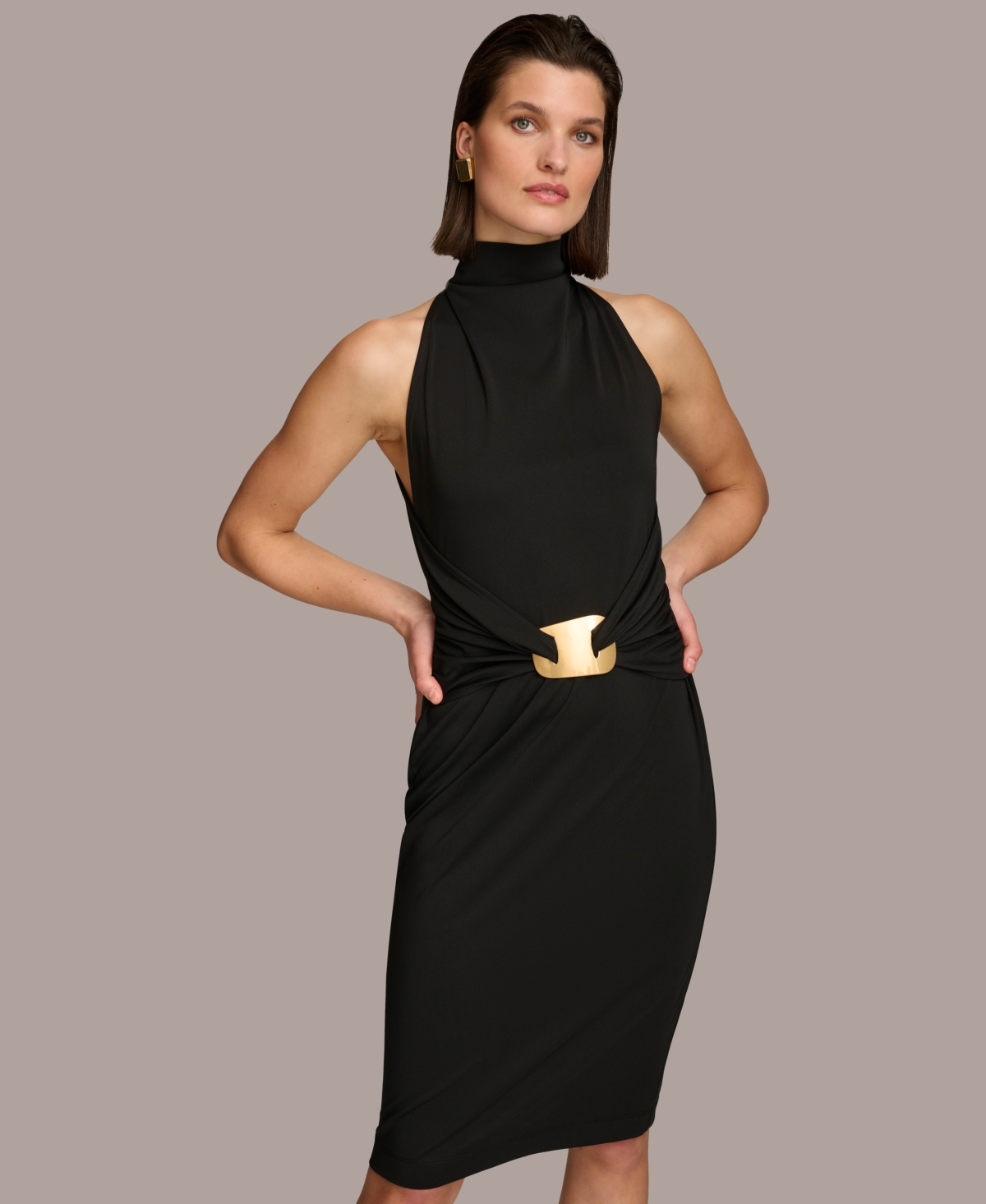 Shop Donna Karan Women's Mock Neck Wrap-waist Jersey Dress In Black