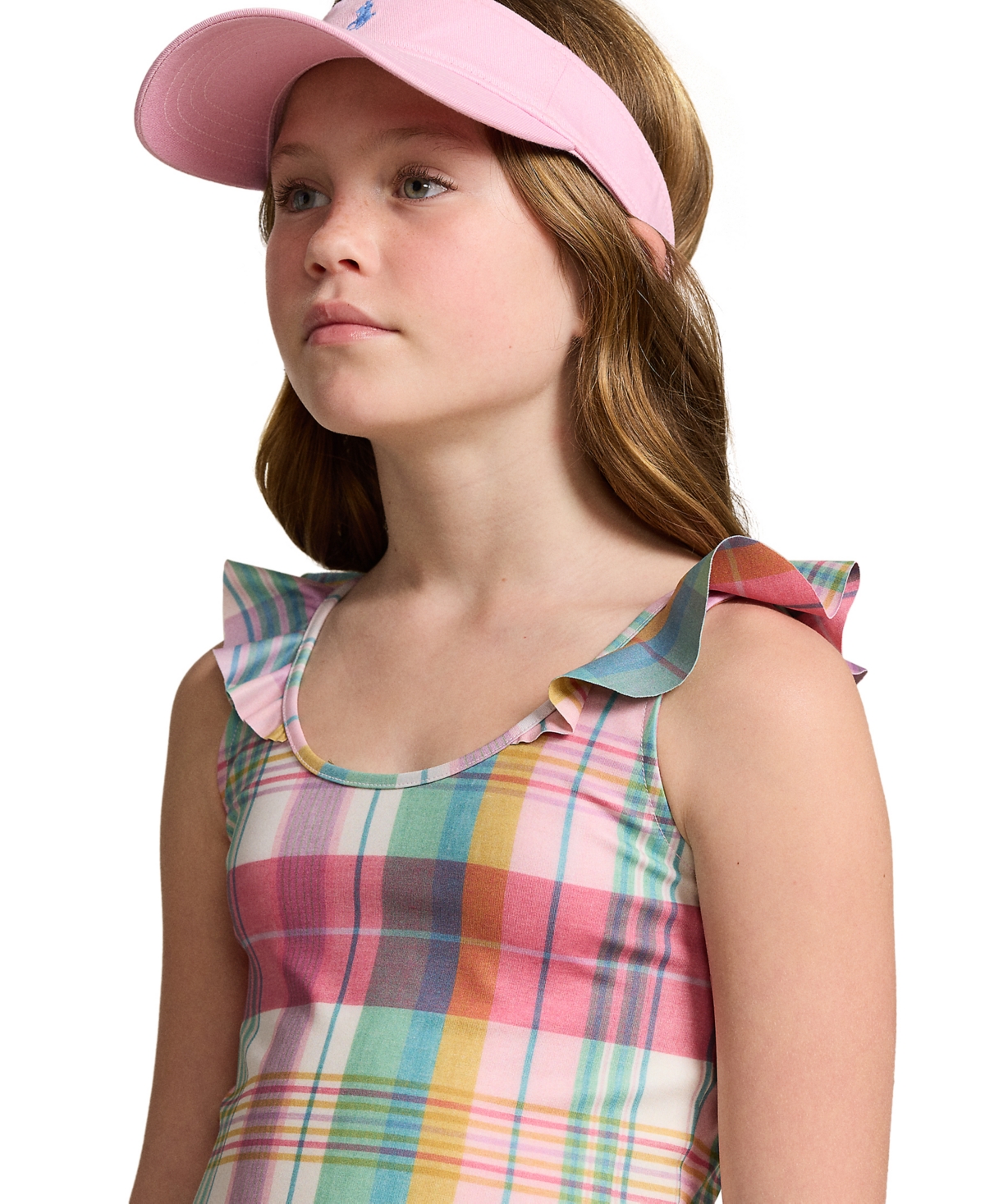 Polo Ralph Lauren Big Girls Madras-Print Performance Jersey Top - Pastel Madras with Sweet Corn