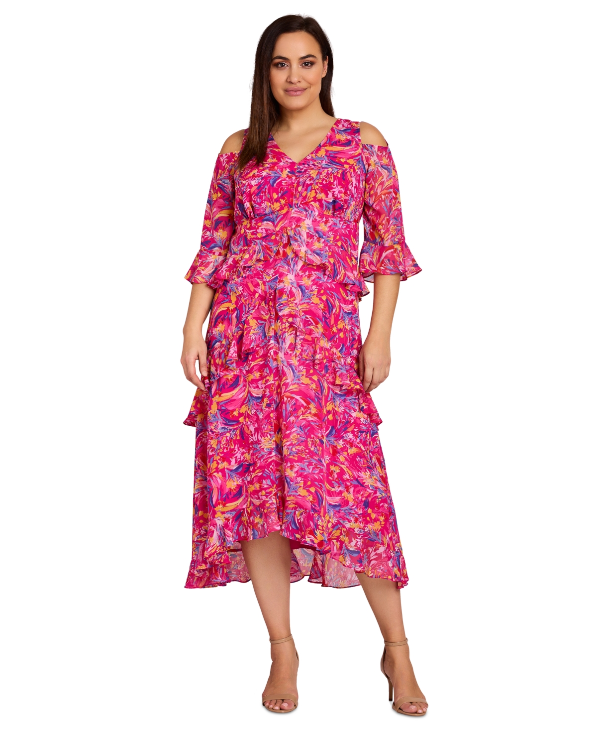Plus Size Printed Cold-Shoulder Tiered Ruffled Maxi Dress - Shocking Pink Multi