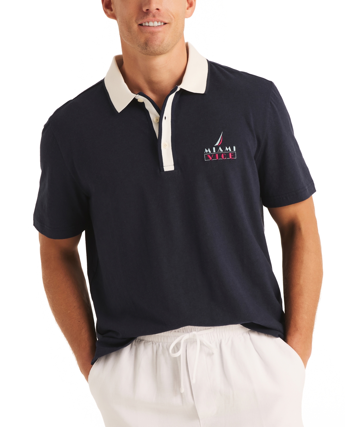 Men's Miami Vice x Nautica Short-Sleeve Contrast-Trim Polo Shirt - Navy Seas