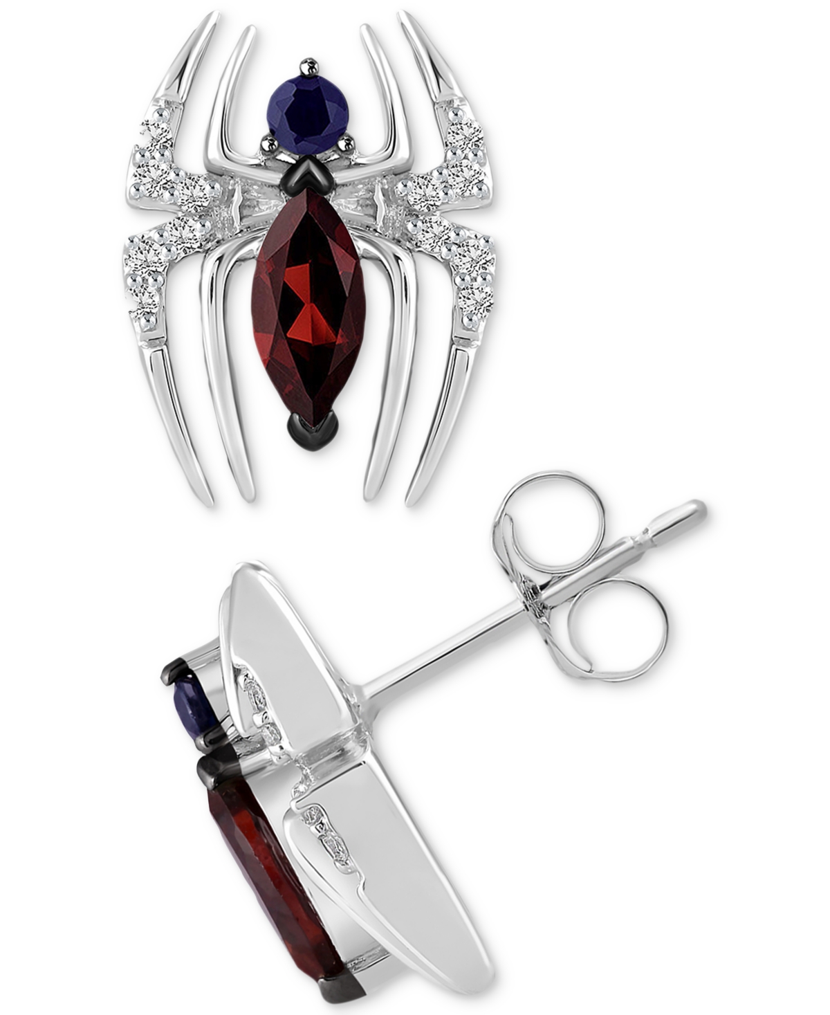Wonder Fine Jewelry Garnet (1/2 Ct. T.w.) Sapphire (1/8 Ct. T.w.) & Diamond (1/10 Ct. T.w.) Spiderman Stud Earrings In S In Sterling Silver
