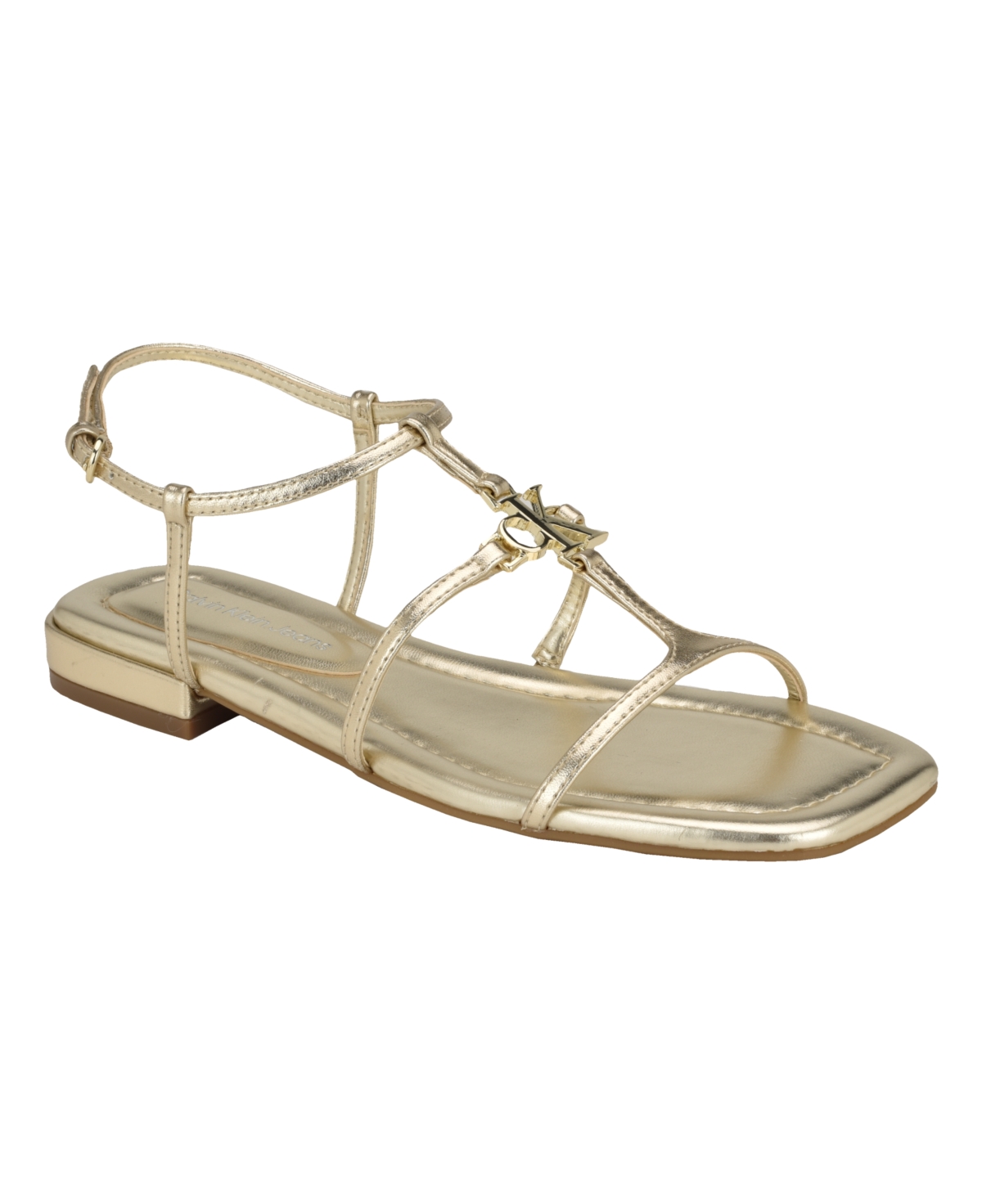 Shop Calvin Klein Women's Sindy Square Toe Strappy Flat Sandals In Gold - Manmade,metal
