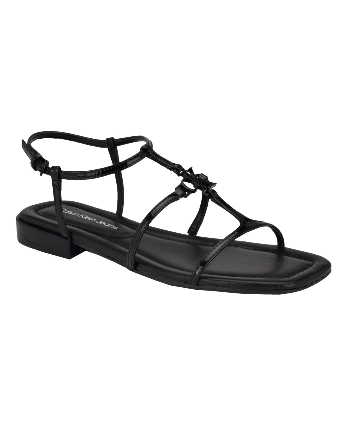 Shop Calvin Klein Women's Sindy Square Toe Strappy Flat Sandals In Black Patent - Faux Patent Leather - Pol