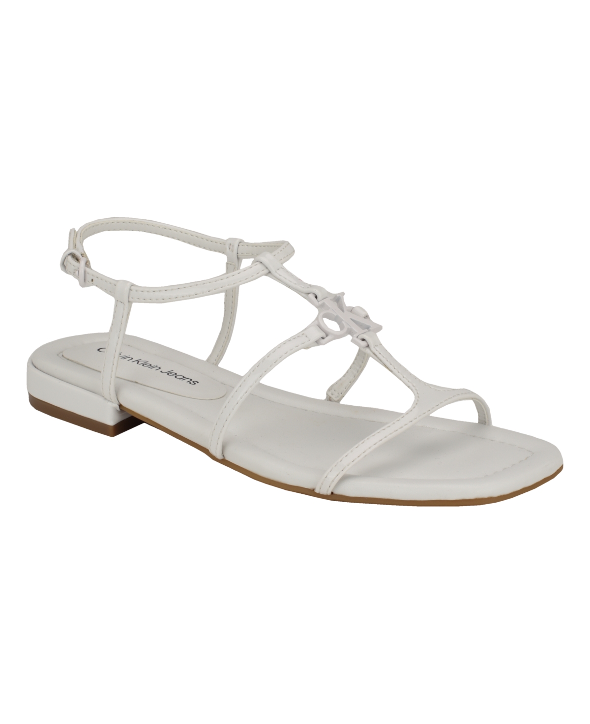 Calvin Klein Women's Sindy Square Toe Strappy Flat Sandals In White Patent - Faux Patent Leather - Pol