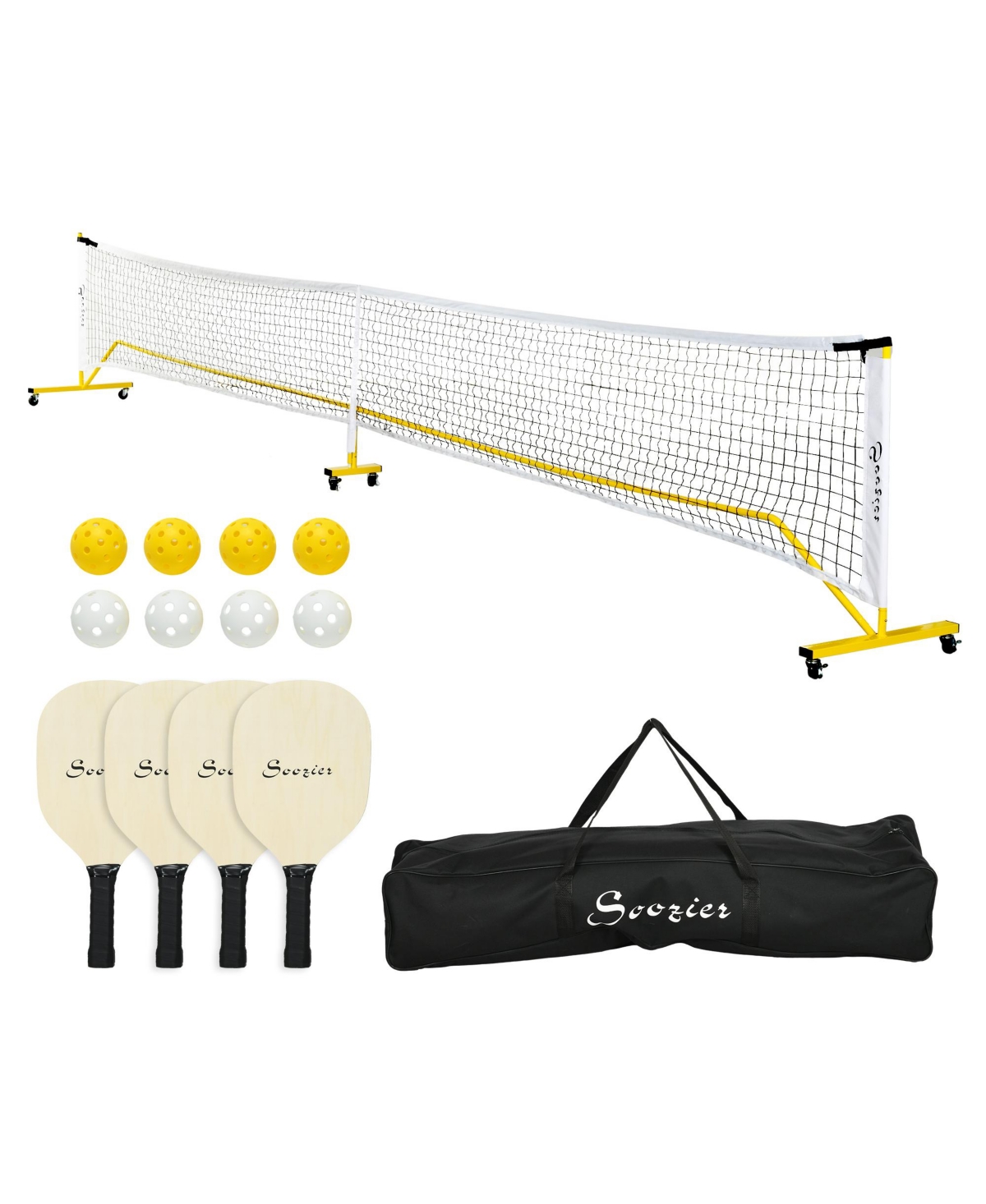 Pickle ball Set with Net, Court Markers and Wheels, 22 Ft Regulation Size - Yellow, white and black