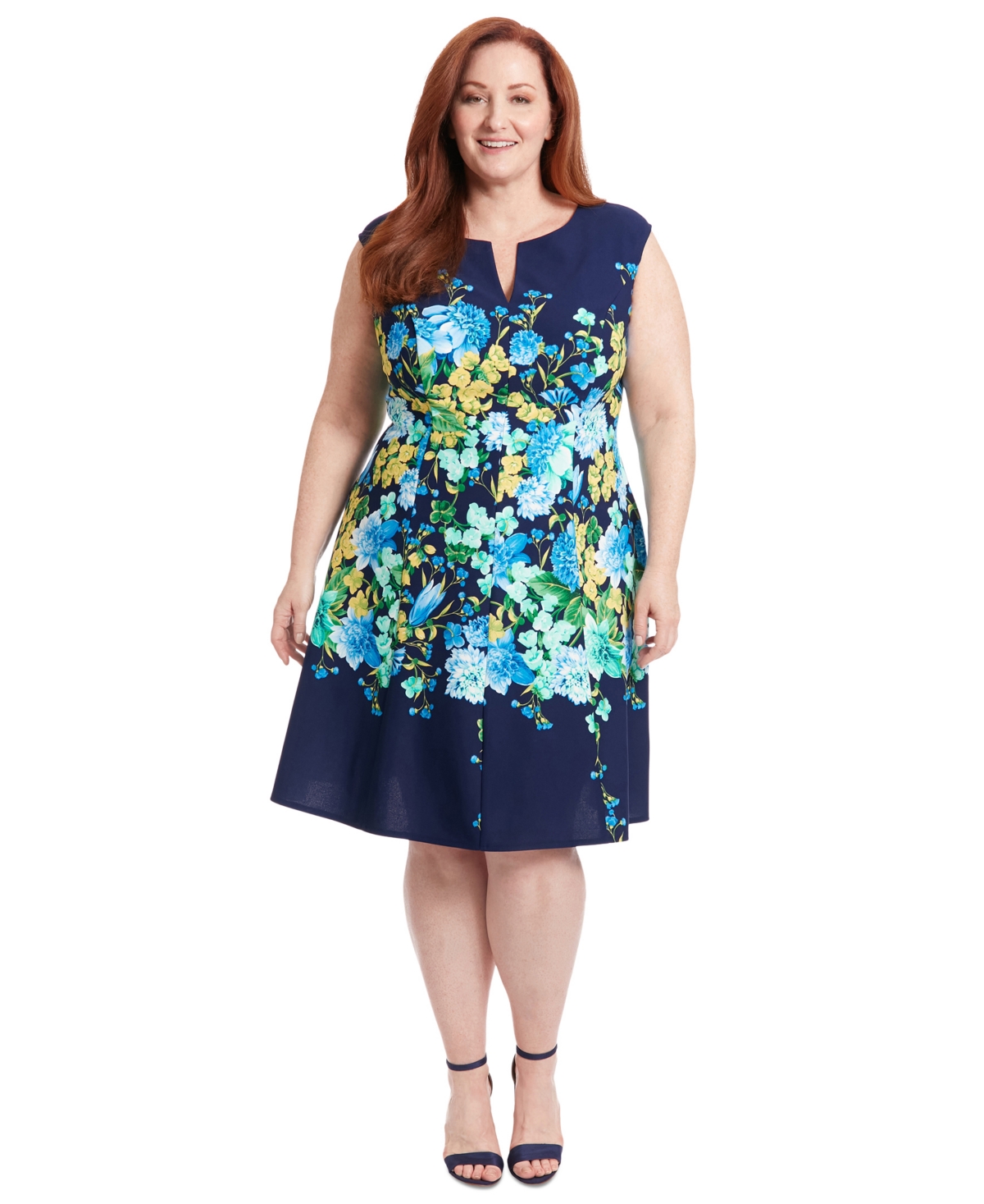 Shop London Times Plus Size Split-neck Floral-print Fit & Flare Dress In Navy Blue
