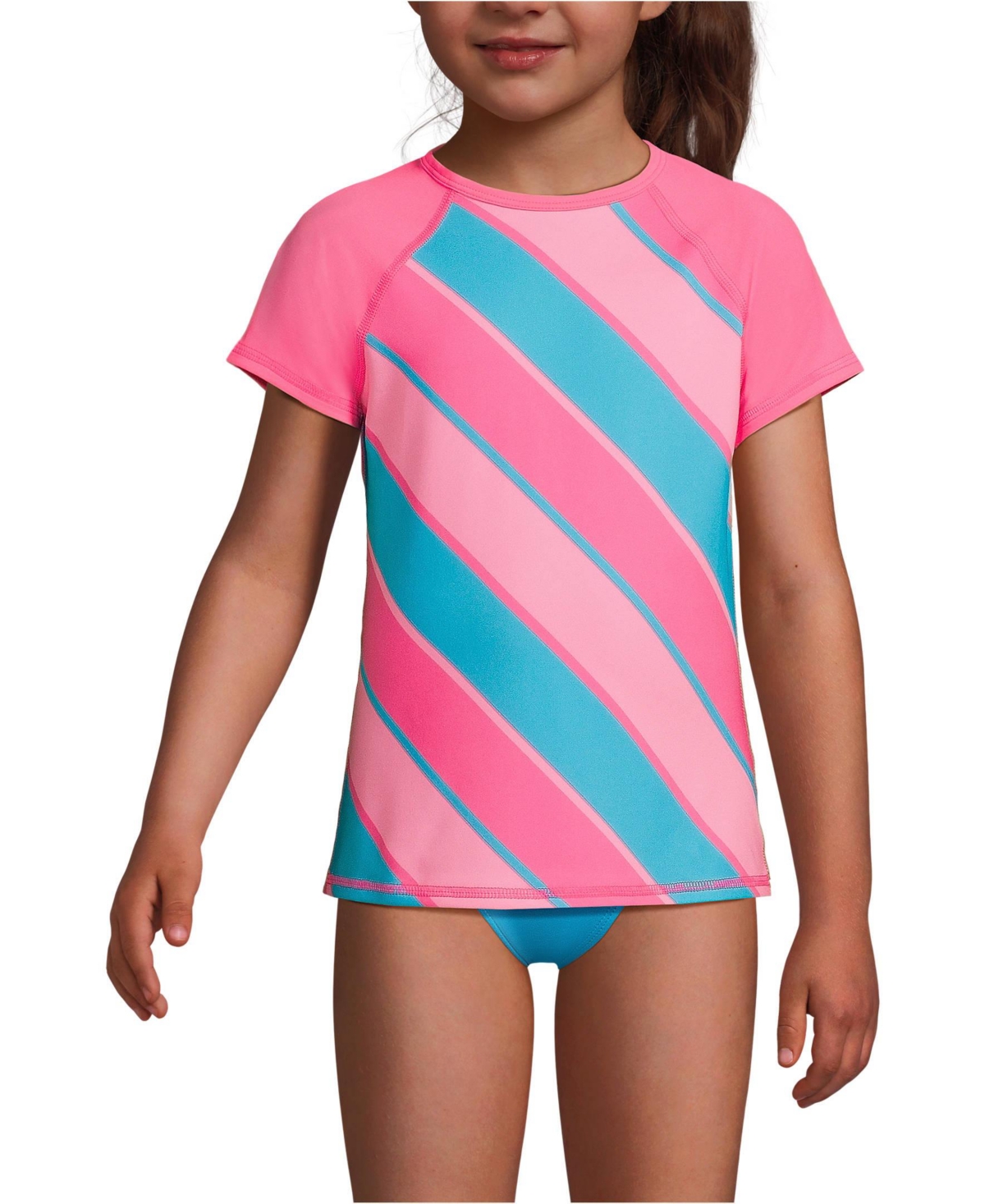 Lands' End Girls Slim Chlorine Resistant Short Sleeve Crew Neck UPF50 Rash Guard -turquoise stripe